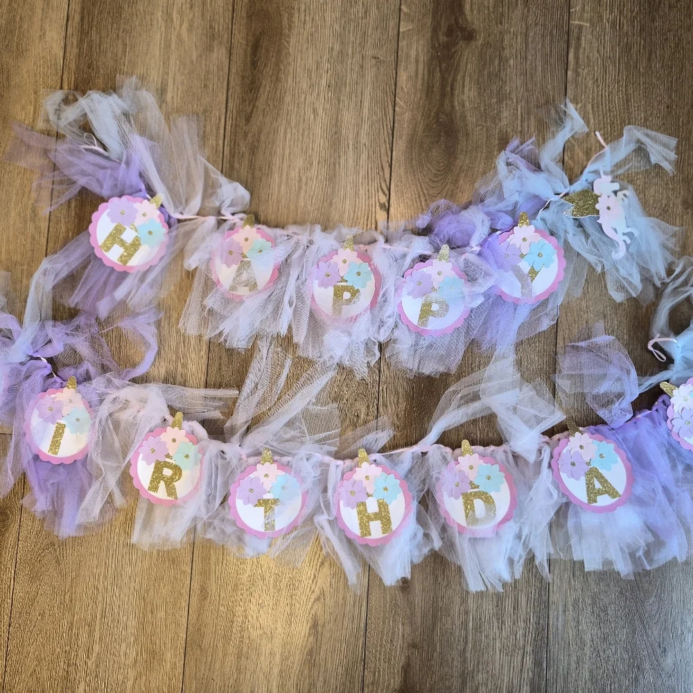 Hand Crafted Purple and White Tulle Unicorn Birthday Banner